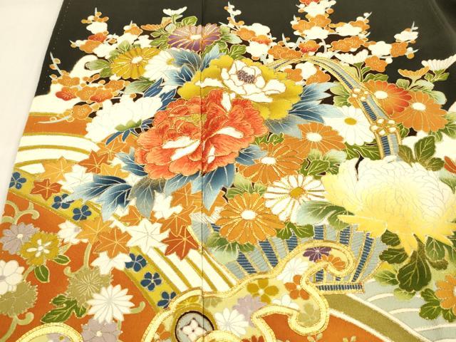 平和屋着物■豪華黒留袖　駒刺繍　流水草花文　松竹梅　金彩　正絹　逸品　DABB3662cm