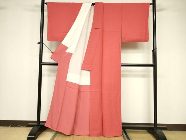 平和屋着物■上質な色無地 霞地紋 紅赤色 正絹 逸品 DABB3692cm