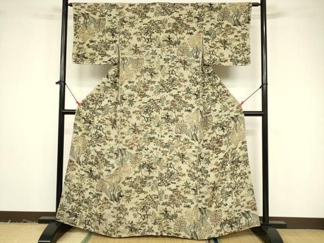 平和屋着物■上質な小紋 狩猟花文 鬼しぼ縮緬 正絹 逸品 未使用 DABB3693cm