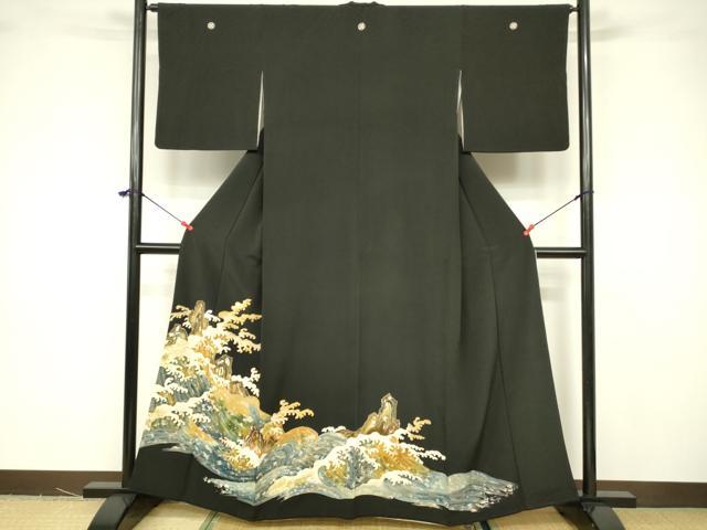 平和屋着物□豪華黒留袖 駒刺繍 立波文 暈し染め 金彩 正絹