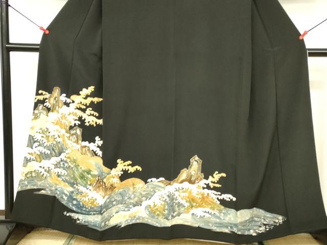 平和屋着物□豪華黒留袖 駒刺繍 立波文 暈し染め 金彩 正絹