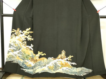 平和屋着物■豪華黒留袖 駒刺繍 立波文 暈し染め 金彩 正絹 逸品 DABB3731cm