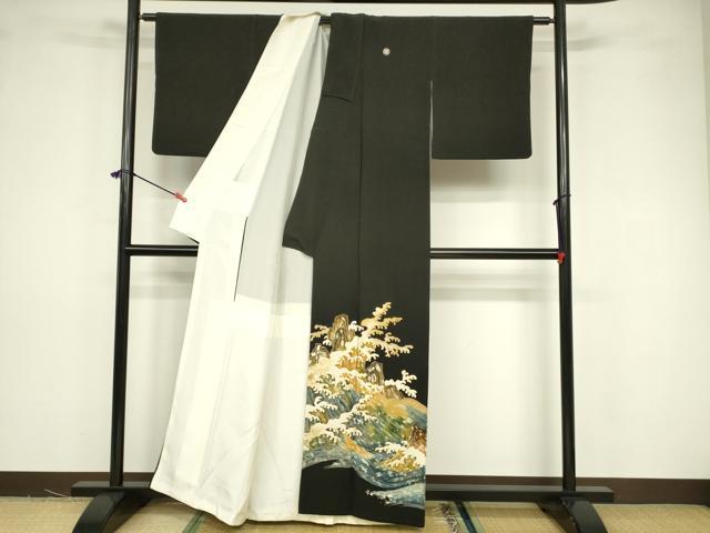 平和屋着物■豪華黒留袖 駒刺繍 立波文 暈し染め 金彩 正絹 逸品 DABB3731cm