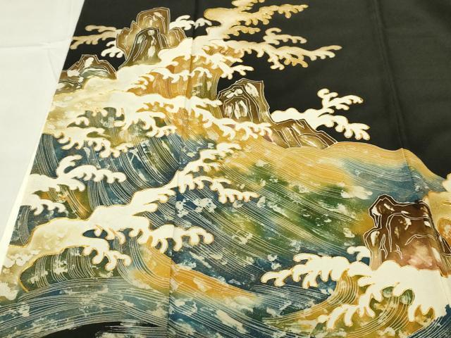平和屋着物●豪華黒留袖　友禅　駒刺繍　熨斗花文　金彩　正絹　逸品　AABG4368fy 平和屋着物□豪華黒留袖 駒刺繍 花車文 金彩 正絹 逸品 DAAY2782op