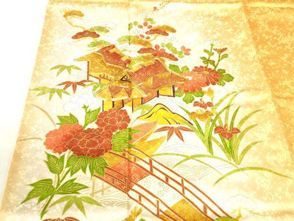 平和屋着物■訪問着 駒刺繍 風景草花文 暈し染め 金彩 正絹 逸品 DABB3766cm