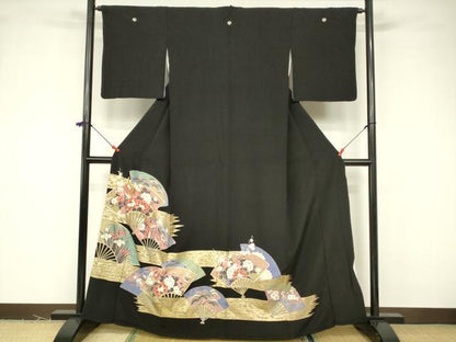 平和屋着物■豪華黒留袖 刺繍 扇面御所車花鳥文 金彩 正絹 逸品 DABB3767cm