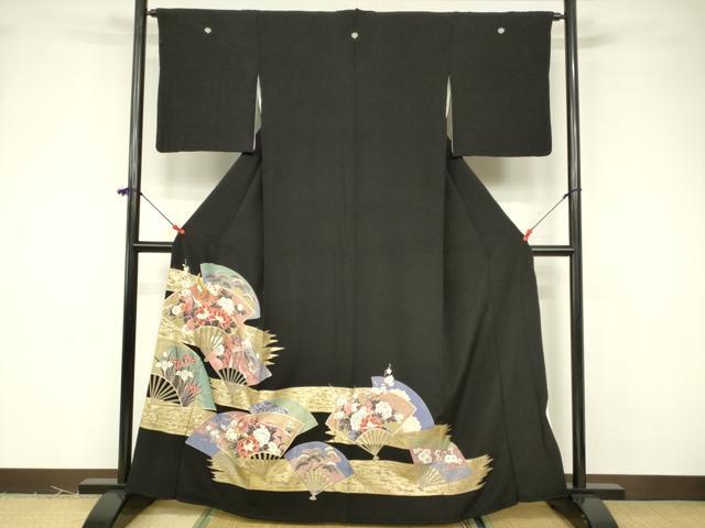 平和屋着物■豪華黒留袖 刺繍 扇面御所車花鳥文 金彩 正絹 逸品 DABB3767cm