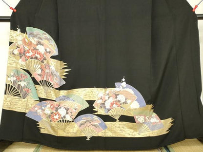 平和屋着物■豪華黒留袖 刺繍 扇面御所車花鳥文 金彩 正絹 逸品 DABB3767cm