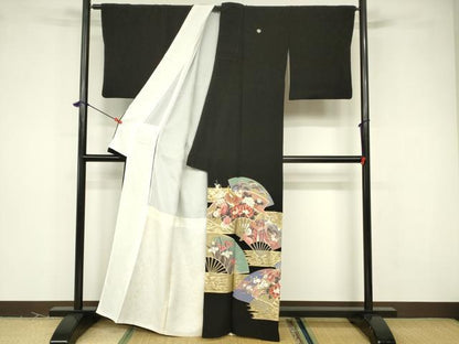 平和屋着物■豪華黒留袖 刺繍 扇面御所車花鳥文 金彩 正絹 逸品 DABB3767cm