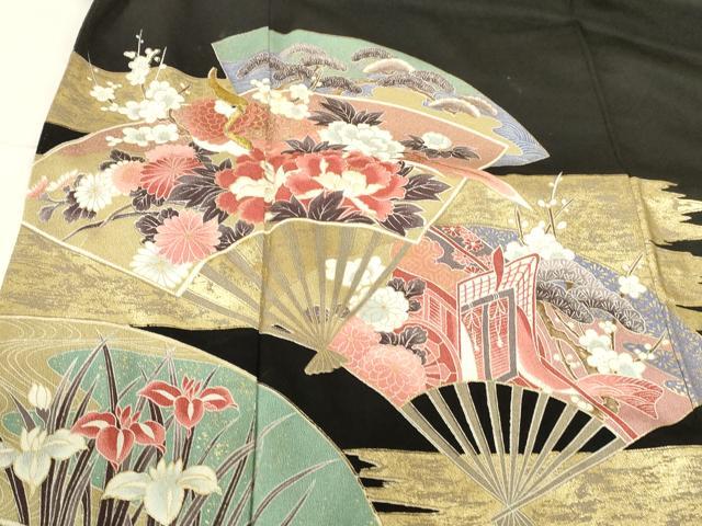 平和屋着物■豪華黒留袖 刺繍 扇面御所車花鳥文 金彩 正絹 逸品 DABB3767cm