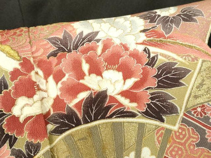 平和屋着物■豪華黒留袖 刺繍 扇面御所車花鳥文 金彩 正絹 逸品 DABB3767cm