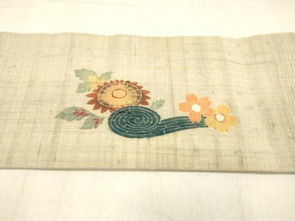 平和屋着物▽九寸名古屋帯 スリーシーズン 春夏秋 生紬 型染 流水草花文 正絹 逸品 DABB3799cm