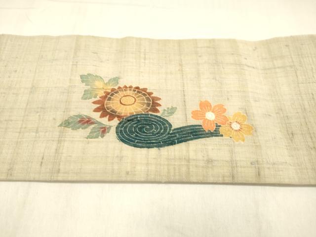 平和屋着物▽九寸名古屋帯 スリーシーズン 春夏秋 生紬 型染 流水草花文 正絹 逸品 DABB3799cm