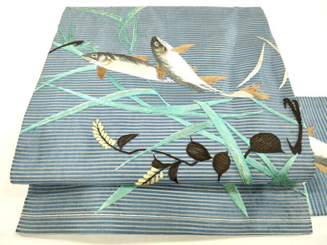 平和屋着物＊夏物 アンティーク 大正ロマン 九寸名古屋帯 絽 総刺繍 手刺繍 魚草葉文 金糸 正絹 逸品 DABB3803cm