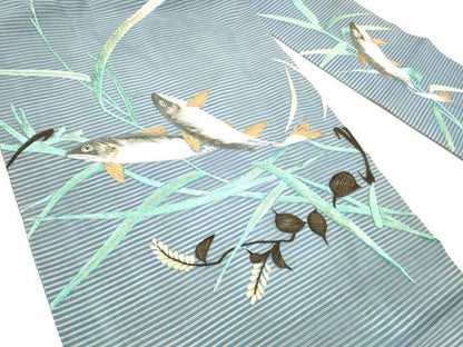 平和屋着物＊夏物 アンティーク 大正ロマン 九寸名古屋帯 絽 総刺繍 手刺繍 魚草葉文 金糸 正絹 逸品 DABB3803cm