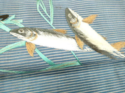 平和屋着物＊夏物 アンティーク 大正ロマン 九寸名古屋帯 絽 総刺繍 手刺繍 魚草葉文 金糸 正絹 逸品 DABB3803cm
