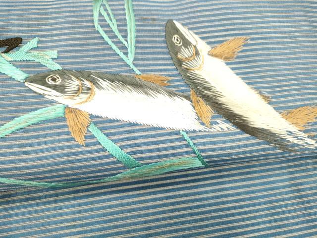 平和屋着物＊夏物 アンティーク 大正ロマン 九寸名古屋帯 絽 総刺繍 手刺繍 魚草葉文 金糸 正絹 逸品 DABB3803cm