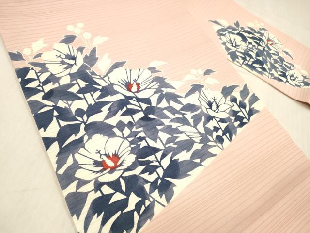 平和屋着物＊夏物 和染紅型 栗山紅型 栗山吉三郎 絽塩瀬 九寸名古屋帯 草花文 正絹 逸品 DABB3811cm