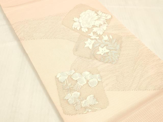 平和屋着物＊夏物 太鼓柄袋帯 草花文 銀糸 正絹 逸品 DABB3815cm