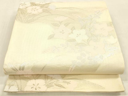 平和屋着物＊夏物 六通柄袋帯 草花文 銀糸 正絹 逸品 DABB3829cm