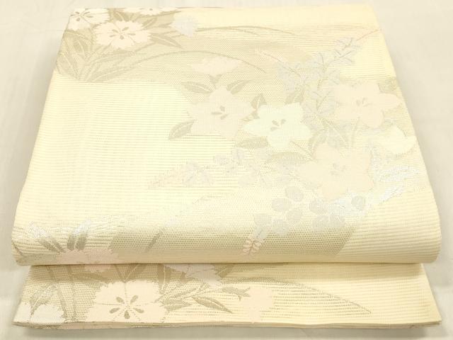 平和屋着物＊夏物 六通柄袋帯 草花文 銀糸 正絹 逸品 DABB3829cm