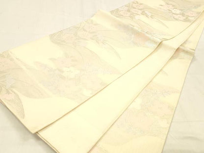 平和屋着物＊夏物 六通柄袋帯 草花文 銀糸 正絹 逸品 DABB3829cm