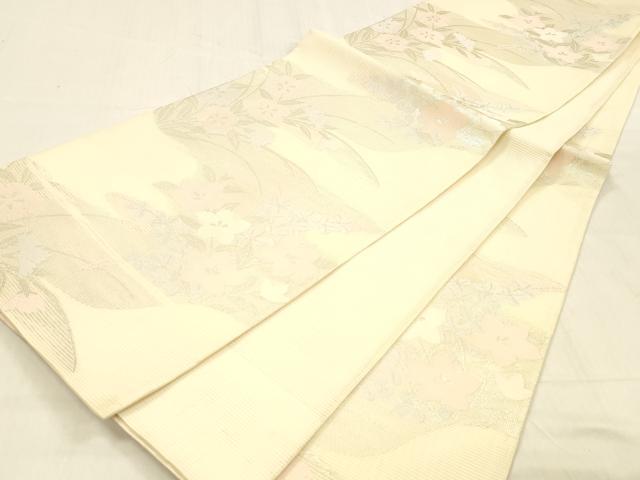 平和屋着物＊夏物 六通柄袋帯 草花文 銀糸 正絹 逸品 DABB3829cm