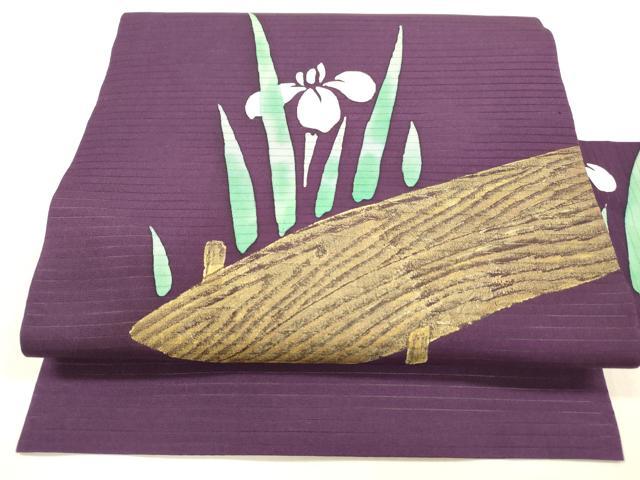 平和屋着物＊夏物 絽塩瀬 九寸名古屋帯 杜若 金彩 正絹 逸品 DABB3836cm