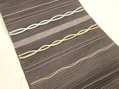 平和屋着物＊夏物 絽綴れ 八寸名古屋帯 よろけ縞 金銀糸 正絹 逸品 DABB3838cm