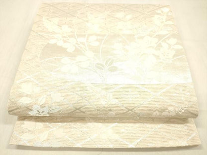 平和屋着物＊夏物　六通柄袋帯　草花文　銀糸　正絹　逸品　DABB3842cm