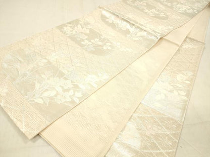 平和屋着物＊夏物　六通柄袋帯　草花文　銀糸　正絹　逸品　DABB3842cm