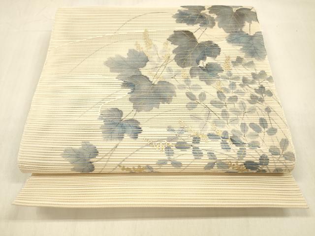 平和屋着物＊夏物 絽綴れ 八寸名古屋帯 作家物 手描き 草葉文 金彩 正絹 逸品 DABB3849cm