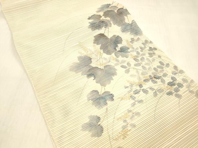 平和屋着物＊夏物 絽綴れ 八寸名古屋帯 作家物 手描き 草葉文 金彩 正絹 逸品 DABB3849cm