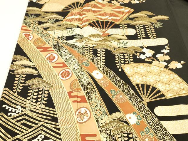平和屋着物■豪華黒留袖　駒刺繍　舞扇飛鶴梅松文　金彩　正絹　逸品　DABB3872cm