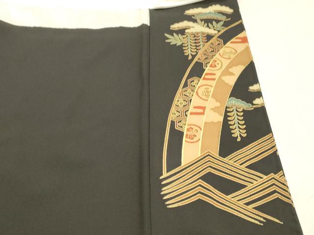 平和屋着物■豪華黒留袖　駒刺繍　舞扇飛鶴梅松文　金彩　正絹　逸品　DABB3872cm