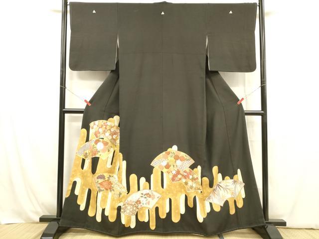 平和屋着物■豪華黒留袖　駒刺繍　地紙草花文　金彩　正絹　逸品　DABB3874cm