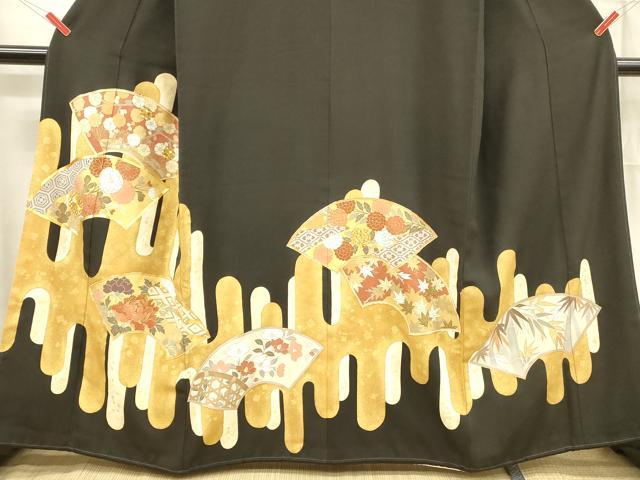 平和屋着物■豪華黒留袖　駒刺繍　地紙草花文　金彩　正絹　逸品　DABB3874cm