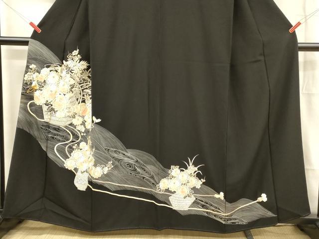 平和屋着物■豪華黒留袖　駒刺繍　流水飾花文　銀彩　正絹　逸品　DABB3878cm