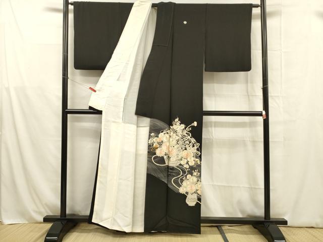 平和屋着物■豪華黒留袖　駒刺繍　流水飾花文　銀彩　正絹　逸品　DABB3878cm