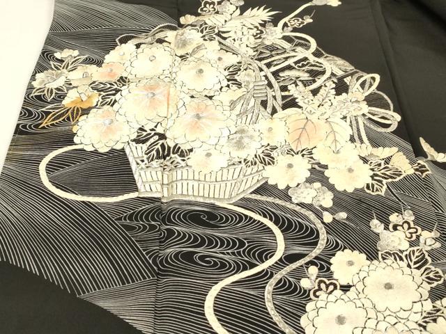 平和屋着物■豪華黒留袖　駒刺繍　流水飾花文　銀彩　正絹　逸品　DABB3878cm