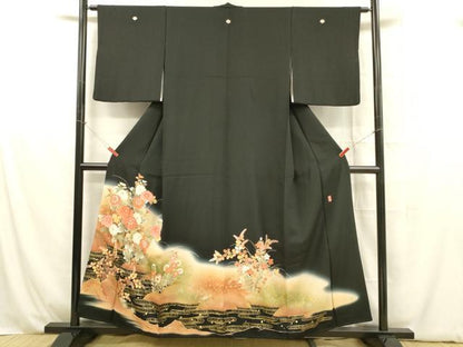 平和屋着物■豪華黒留袖　作家物　流水草花文　暈し染め　金彩　正絹　逸品　DABB3882cm