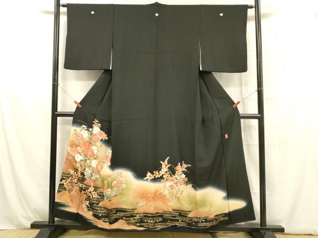 平和屋着物■豪華黒留袖　作家物　流水草花文　暈し染め　金彩　正絹　逸品　DABB3882cm
