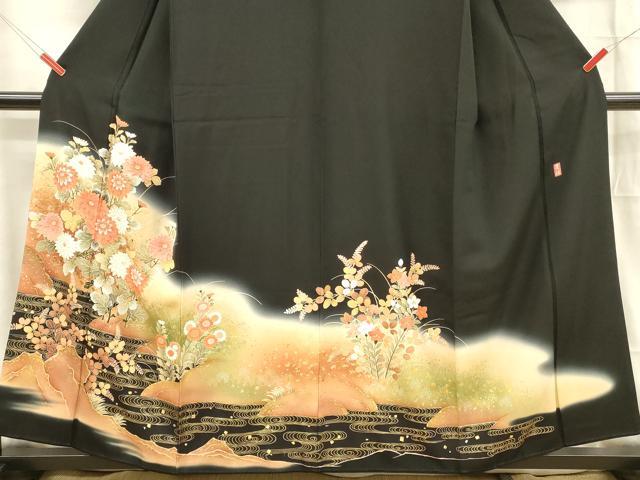 平和屋着物■豪華黒留袖　作家物　流水草花文　暈し染め　金彩　正絹　逸品　DABB3882cm