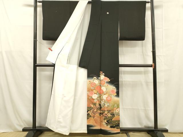 平和屋着物■豪華黒留袖　作家物　流水草花文　暈し染め　金彩　正絹　逸品　DABB3882cm