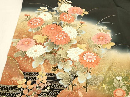 平和屋着物■豪華黒留袖　作家物　流水草花文　暈し染め　金彩　正絹　逸品　DABB3882cm