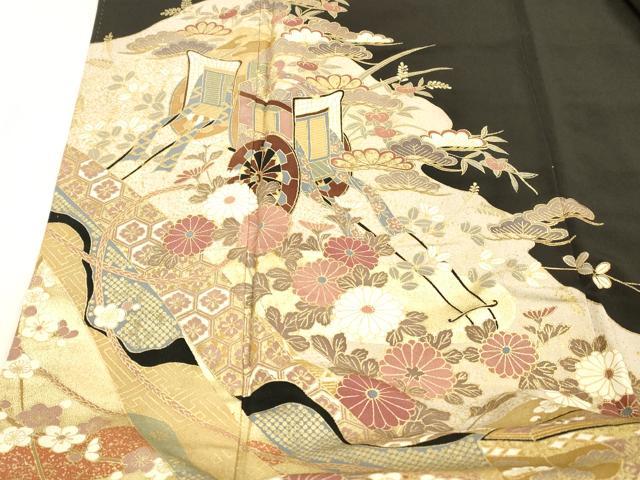 平和屋着物■豪華黒留袖　御所車花文　金彩　正絹　逸品　DABB3890cm