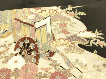 平和屋着物■豪華黒留袖　御所車花文　金彩　正絹　逸品　DABB3890cm