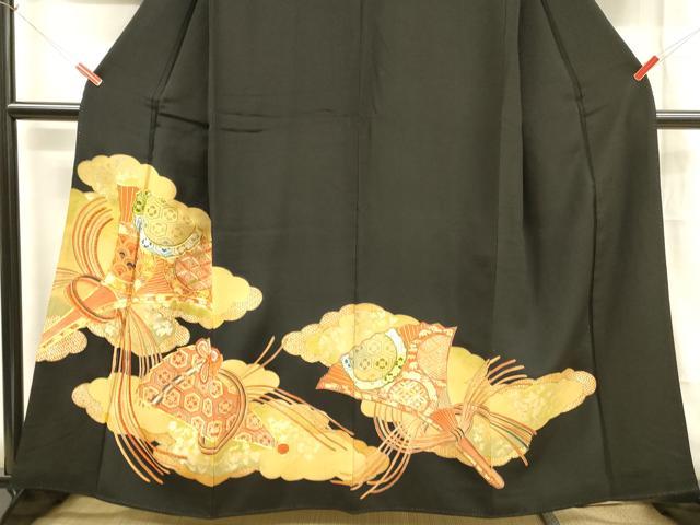 平和屋着物■豪華黒留袖　駒刺繍　扇面花文　金彩　正絹　逸品　DABB3896cm