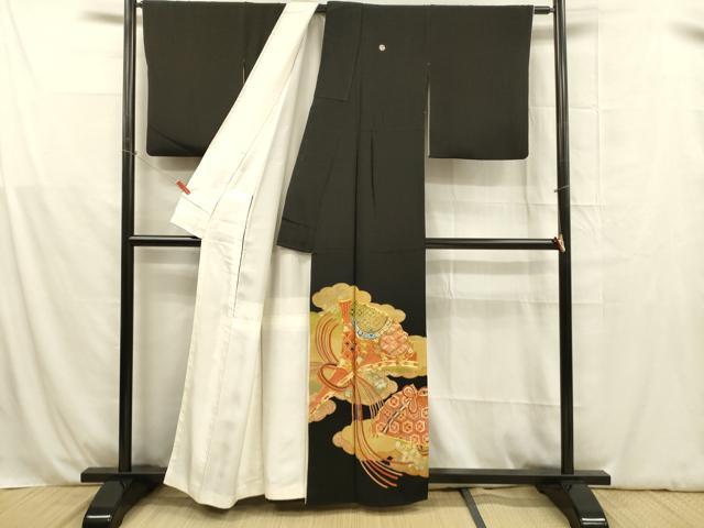 平和屋着物■豪華黒留袖　駒刺繍　扇面花文　金彩　正絹　逸品　DABB3896cm