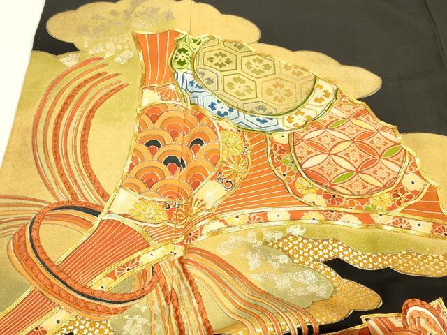 平和屋着物■豪華黒留袖　駒刺繍　扇面花文　金彩　正絹　逸品　DABB3896cm